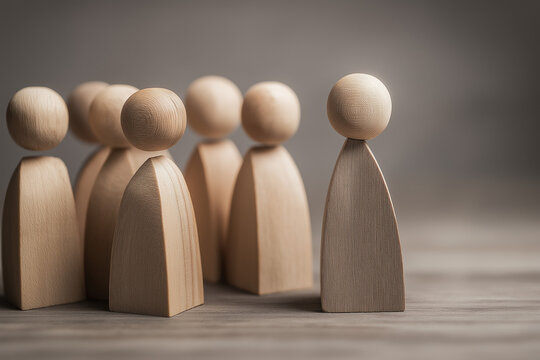 Social exclusion concept showing wooden figures together leaving one alone in corner, representing bullying, anxiety, and mental distress 