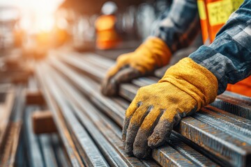 Construction worker wearing safety gloves handling rebar at construction site. Skilled worker ensures safe practices and quality materials for durable construction, ensuring stability.