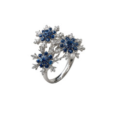 Silver ring, sapphire/diamond cluster floral design