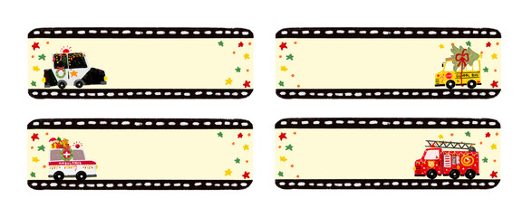 set cute blank empty christmas xmas kids name sticker label tag with community transportation traffic cars vehicle design for gift party crayon doodle watercolor illustration Png clipart