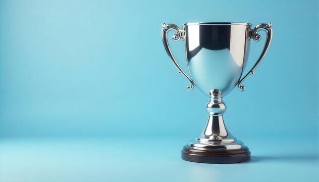 Elegant silver trophy cup, pastel blue backdrop Subtle lighting highlights its polished surface , success, background, award