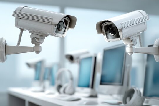 A close-up shot of surveillance cameras, mounted in an office and focused on security, monitoring, and video surveillance for crime prevention in modern workspace.