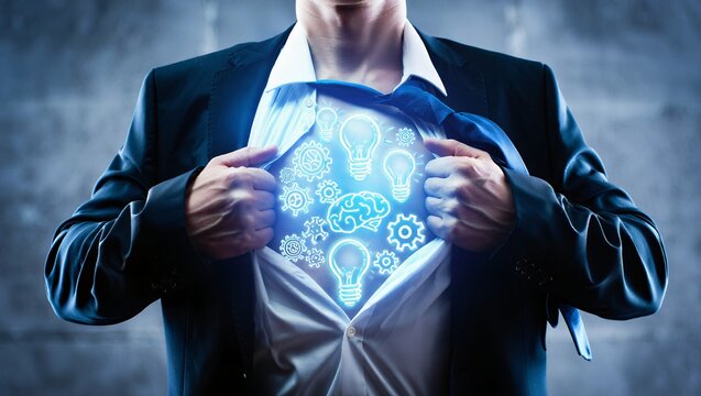 Businessman reveals glowing brain and gears symbolizing innovation and intelligence