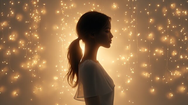 Graceful woman silhouette illuminated by glowing lights with soft bokeh dreamy night portrait warm ambience elegant modern lifestyle background