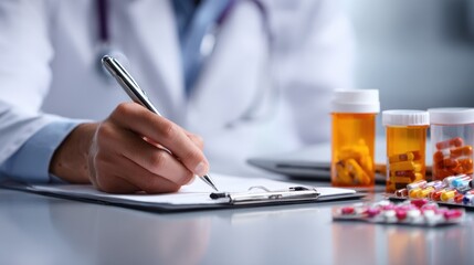 Medical professional prescribing medication at a table during patient consultation in a clinical setting