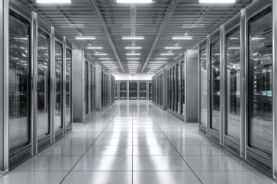 A server room with rows of computer racks and shiny floor, reflecting the overhead lights, showcasing data storage and technology infrastructure, a modern information technology hub. - Powered by Adobe