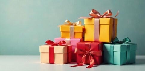 Fototapeta premium Stack of nine colorful gift boxes, tied with ribbons , gift boxes, bows