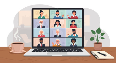 Laptop screen displays video conference with multiple participants from diverse backgrounds, fostering sense connection and collaboration in remote work setting
