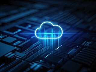 Glowing neon cloud icon levitating above futuristic circuit board with blue light streaks