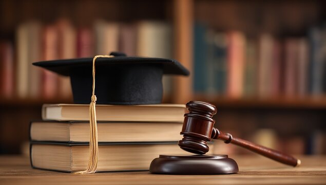 Achieve legal success with a graduation cap, gavel, and stacked books symbolizing education and justice in a library setting - Powered by Adobe