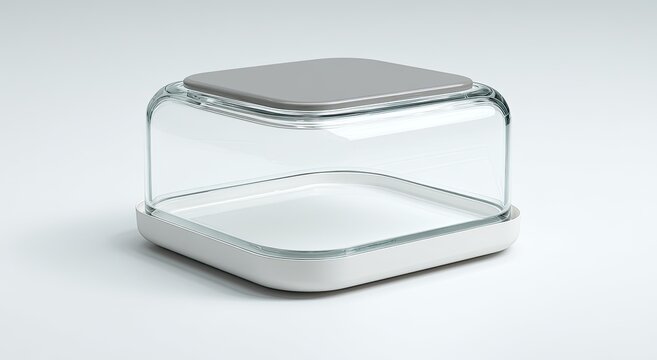 Clear glass square container with a gray lid and white base