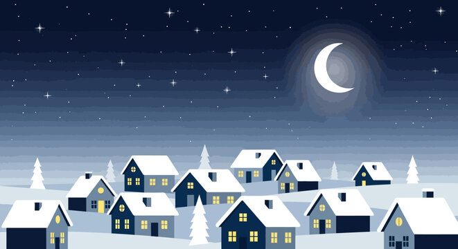 Serene winter village scene under starry night sky with crescent moon, featuring snowcovered houses and trees, evoking peaceful and festive holiday atmosphere