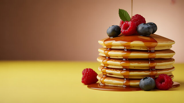 Stack of pancakes topped with berries and drizzled with syrup on a yellow surface