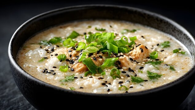 Delicious chicken congee, a savory rice porridge, topped with fresh green onions, white and black sesame seeds, perfect comfort food, healthy Asian cuisine, gourmet meal, dark background.