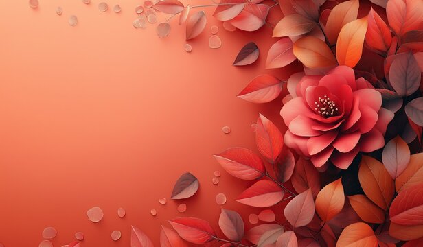 An autumn floral background with red and orange leaves a rose flower and empty space for text in a flat design style for template concepts.