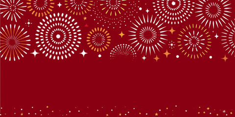 Festive red background with abstract white and gold fireworks and starbursts for celebration