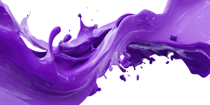 Vibrant purple liquid splash freezes in mid-air against a solid black background; dynamic and energetic