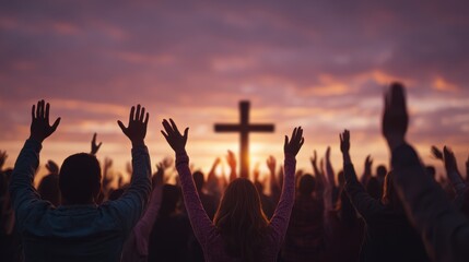 Group of Christians worship together at sunset, raising hands in reverence during a joyful gathering in a serene outdoor setting