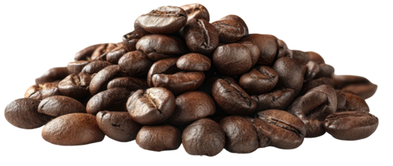 Pile of roasted coffee beans, displaying varying shades of brown and textures against a stark black background