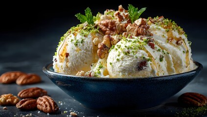 Decadent vanilla ice cream scoops, topped with crunchy walnuts, vibrant green pistachios, golden honey, and fresh mint, in a dark blue bowl, delicious dessert, gourmet treat, tempting indulgence, f