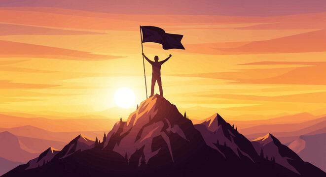 Silhouette person standing on mountain peak holding flag at sunset, symbolizing achievement and success in vibrant orange sky