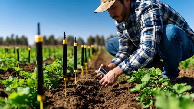 Medium shot of a technician adjusting multiple soil moisture sensors embedded in rich agricultural land under bright daylight.