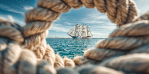 Obraz premium Tall Ship at Sea Through Rope – AI Generative