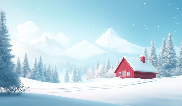A beautiful winter landscape with a red house white snow and mountains in the background creating a scenic seasonal view.