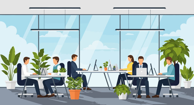 Modern openplan office interior with diverse employees working on laptops at desks and tables, surrounded by plants and natural light, creating collaborative and productive work environment