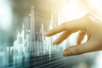 Hand interacting with transparent financial chart. Digital investment concept showing finger touching virtual stock market visualization with rising trend line against blurred blue background.