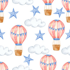 Watercolor seamless pattern of hot air balloon, cloud, and blue stars. Suitable for kids room, nursery wallpaper, and print.