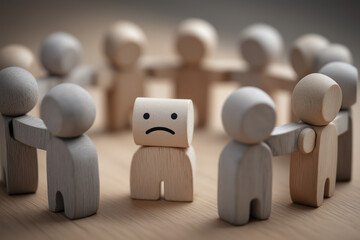 Wooden characters forming supportive circle around small sad figure, representing unity, care, and mental health encouragement in community support 