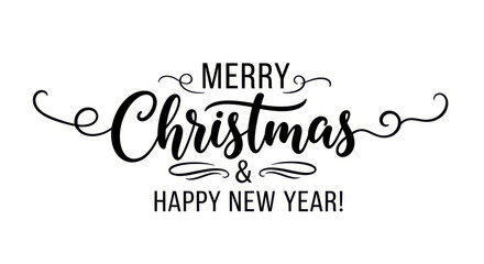 Elegant merry christmas and happy new year lettering with decorative flourishes and swirls