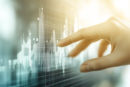 Hand interacting with transparent financial chart. Digital investment concept showing finger touching virtual stock market visualization with rising trend line against blurred blue background.