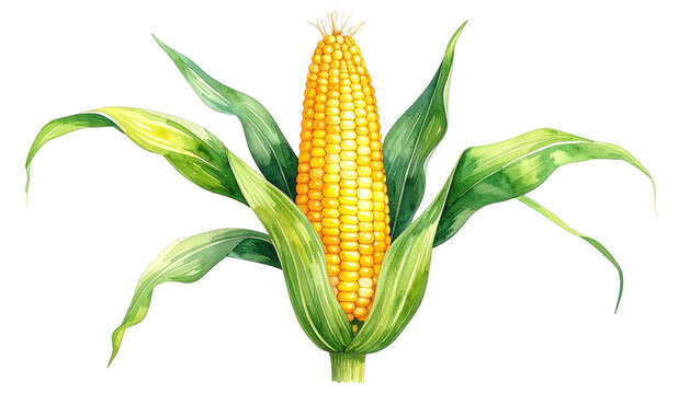 Close-up illustration of yellow corn on the cob, husked with bright green leaves, on a black background