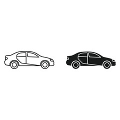 Automobile Icon: a clean, minimalist illustration of a sedan car, with the option of both line and solid fill.  Embodying simplicity and modern transportation.