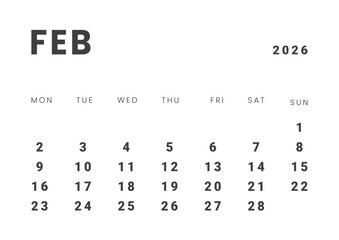 Monthly page Calendar Planner Template design of February 2026. Vector layout of calendar with week start Monday for Scheduling. Page for size A4 or 21x29.7 cm