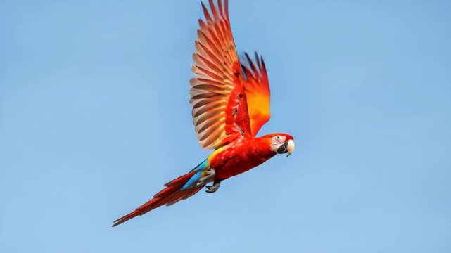 Scarlet macaw in flight against a clear blue sky
