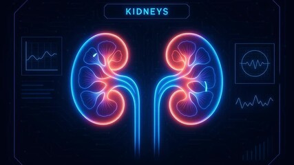 Vibrant Neon Medical Hologram Illustration of Kidneys Intricate Anatomy Design Showcasing Structure, Function, and Importance of Organ Health in Modern Technology