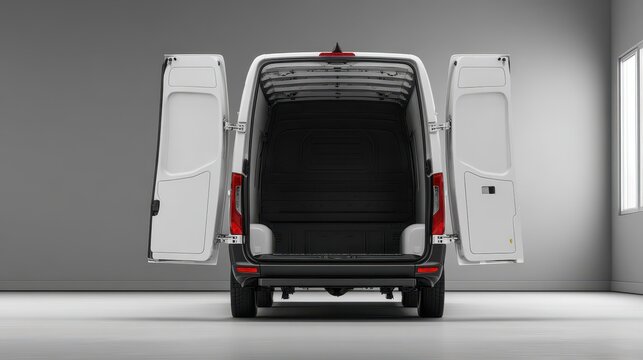 Open back doors of a white van showcasing a spacious interior in a well-lit room