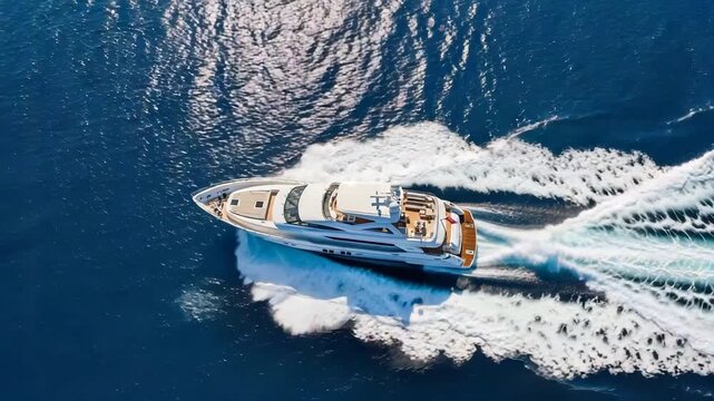 Aerial view of a luxury yacht cruising at high speed on deep blue ocean water boat vessel