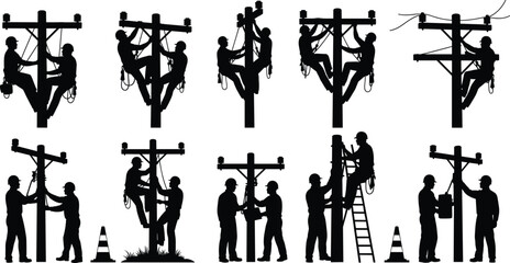 Utility workers, climbing poles, electrical repair, silhouette vector, teamwork, safety gear, lineman job, harness, power line, flavector, infrastructure, cable, insulator, maintenance, black illustra
