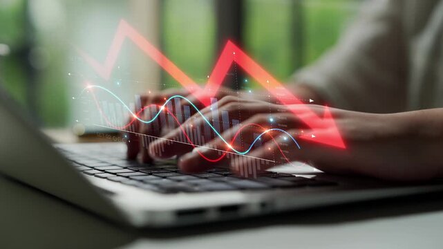 Economic caution visualized with fluctuating market graph, alert symbols, and negative data trends. Represents financial risk, market volatility, and economic uncertainty. Muxer