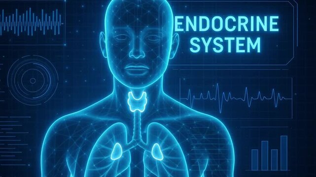 Detailed medical hologram showcases human endocrine system, highlighting various organs and their functions visually engaging manner, enhancing understanding of complex biology and health technology