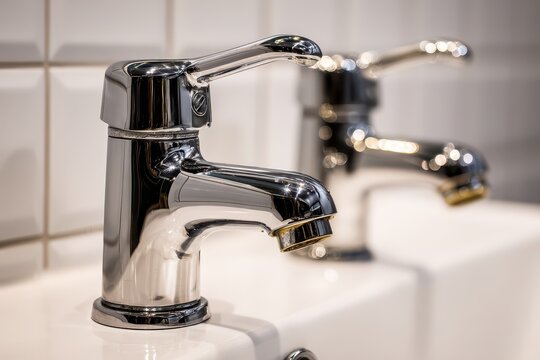 Close up shot of a pair of chrome faucets installed on a white sink, showcasing modern bathroom fixtures and fixtures with a sleek and elegant design.