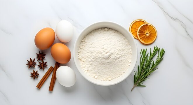 Top-down view of essential baking ingredients, including a bowl of flour, four eggs (two brown, two white), cinnamon sticks, star anise, dried orange slices, and fresh rosemary sprigs, set on a white 