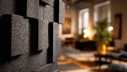 Textured acoustic foam panels create a modern, soundproofed studio atmosphere with warm ambient lighting and lush plant detail
