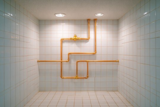 An abstract design featuring copper pipes on a tiled wall with spotlights, creating a modern and industrial look, perfect for showcasing plumbing systems and architectural details.