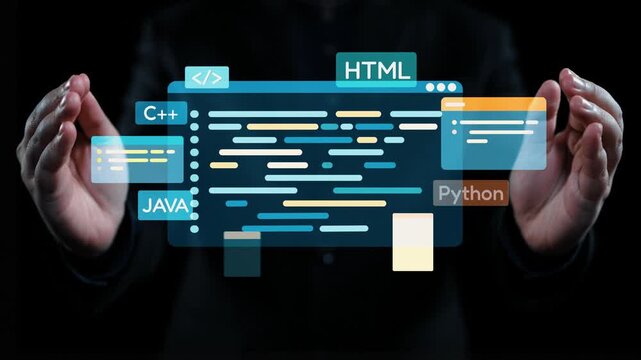 Two hands showcase a futuristic virtual coding interface featuring various programming languages and colorful code snippets, representing technology and innovation. Qubit