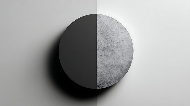 Two toned gray circular shape with textured and smooth halves. casting a subtle shadow on a light